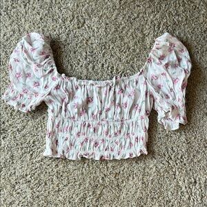 H&M Pink and White Puff Sleeve Crop Blouse